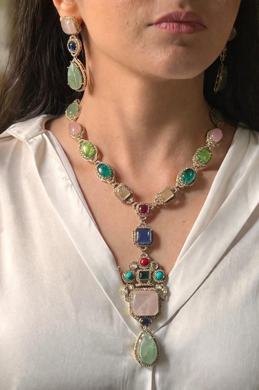 Multi-gemstone statement necklace.