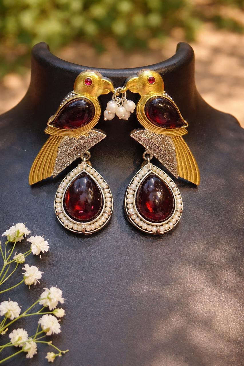 Wine colour Bird Pearl Drop Earrings