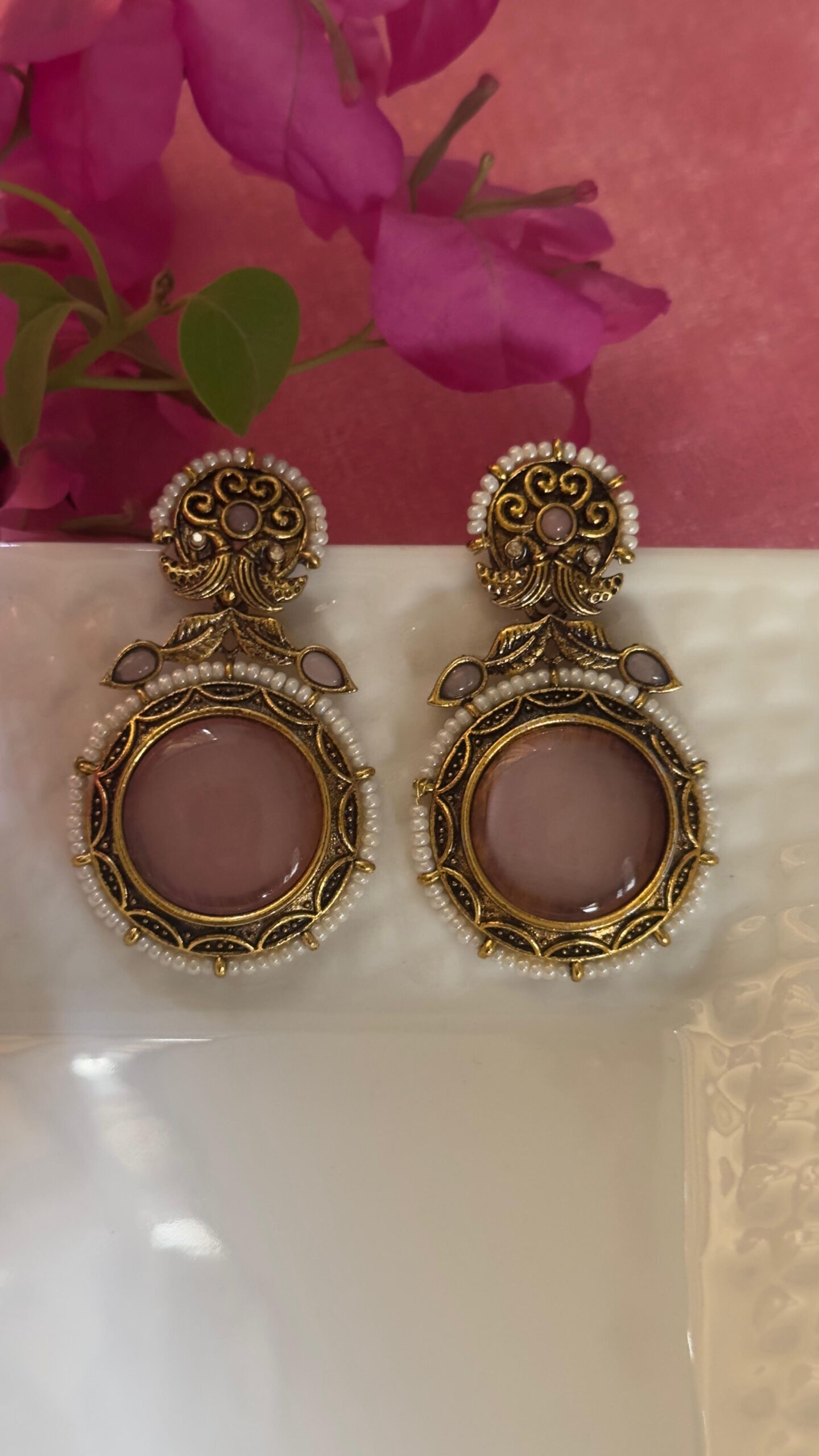 pink antique gold tone earrings