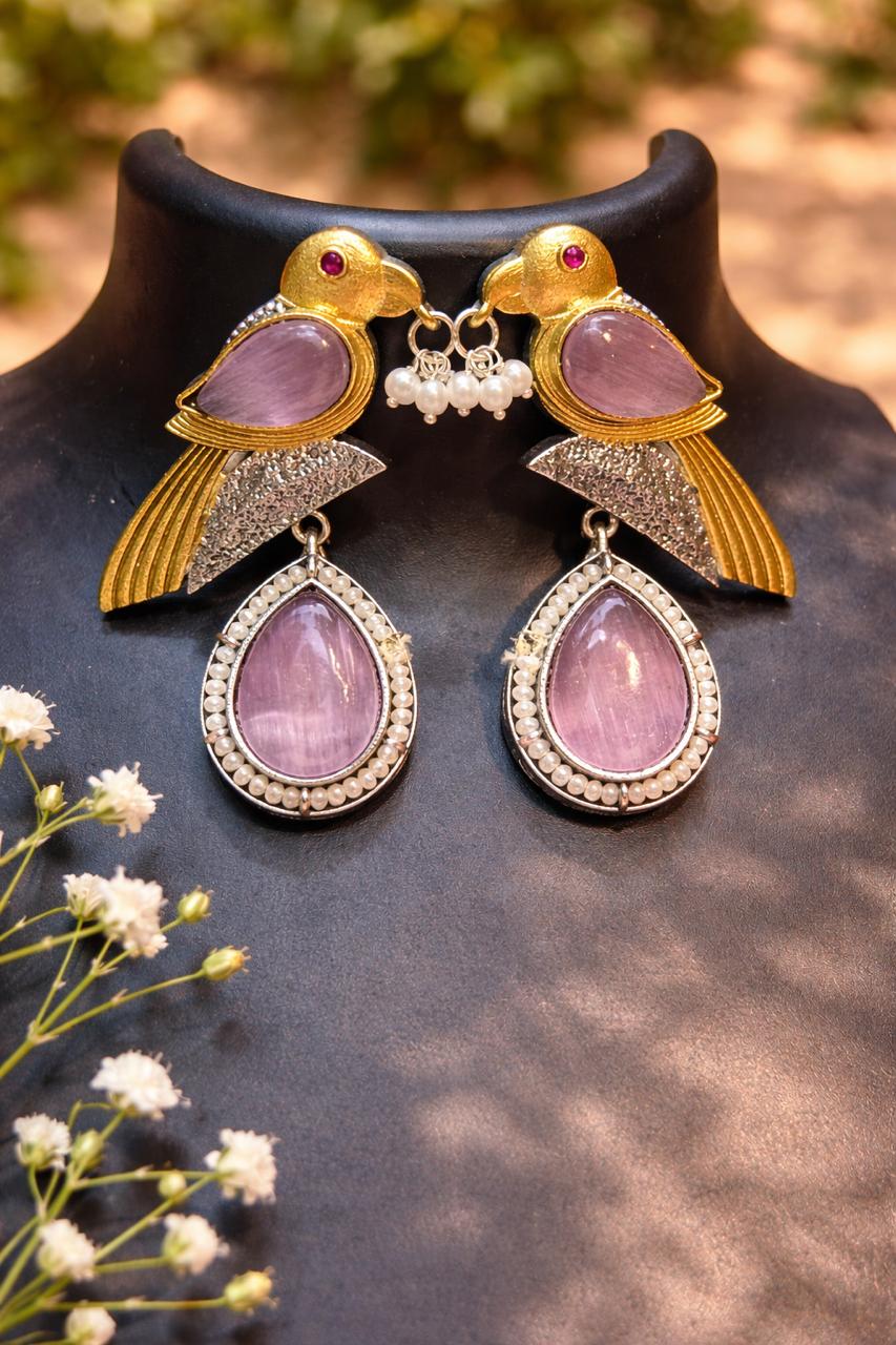 pink colour Bird Pearl Drop Earrings