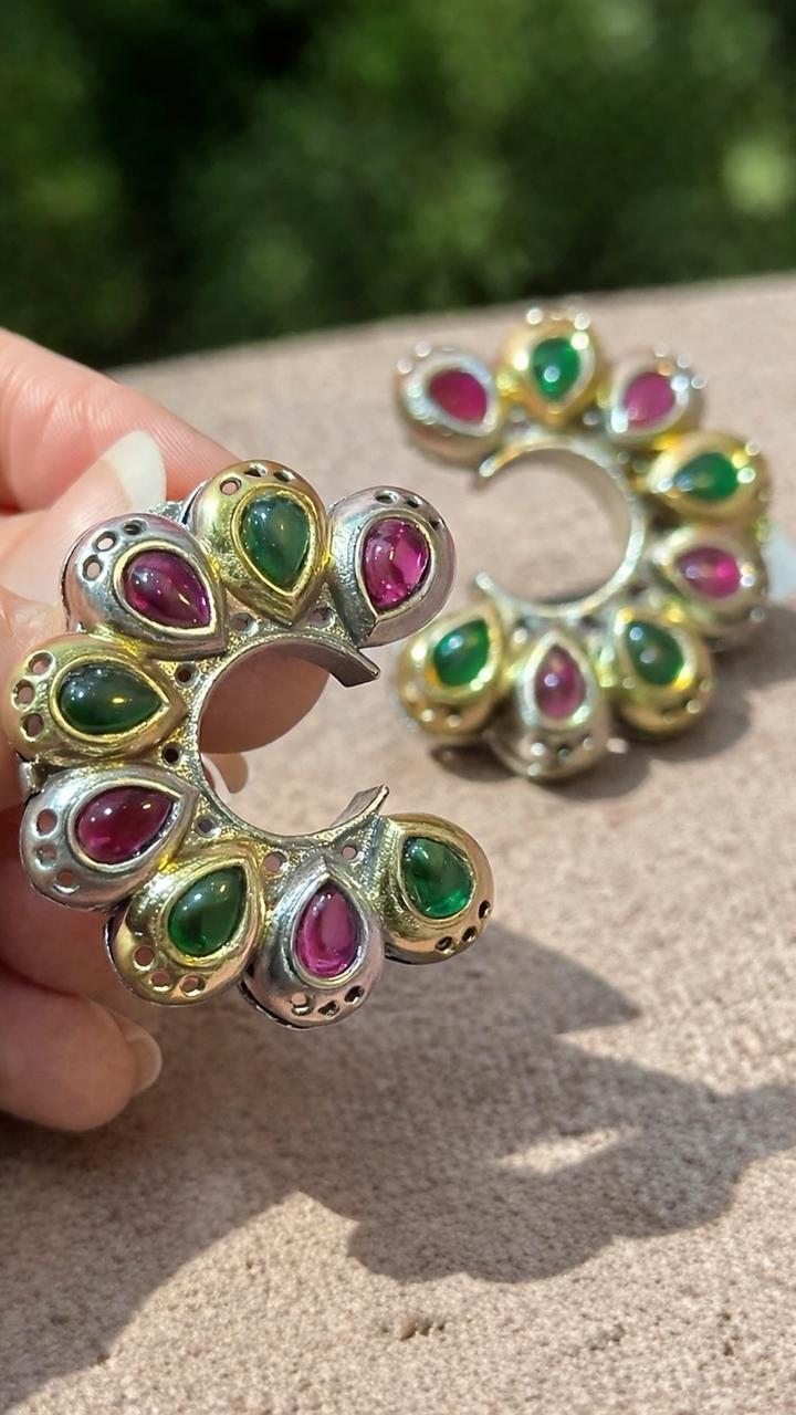 Green & pink oxidised Teardrop Statement Studs
