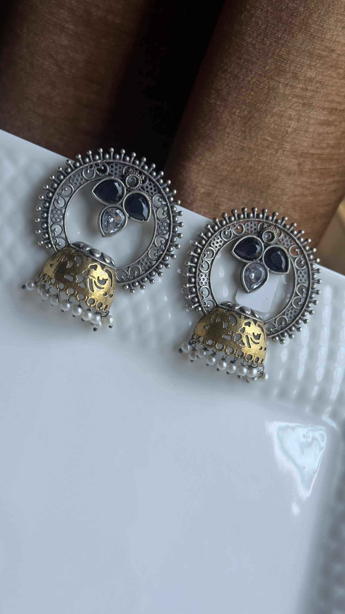 Noor Dual Tone oxidised Jhumka studs