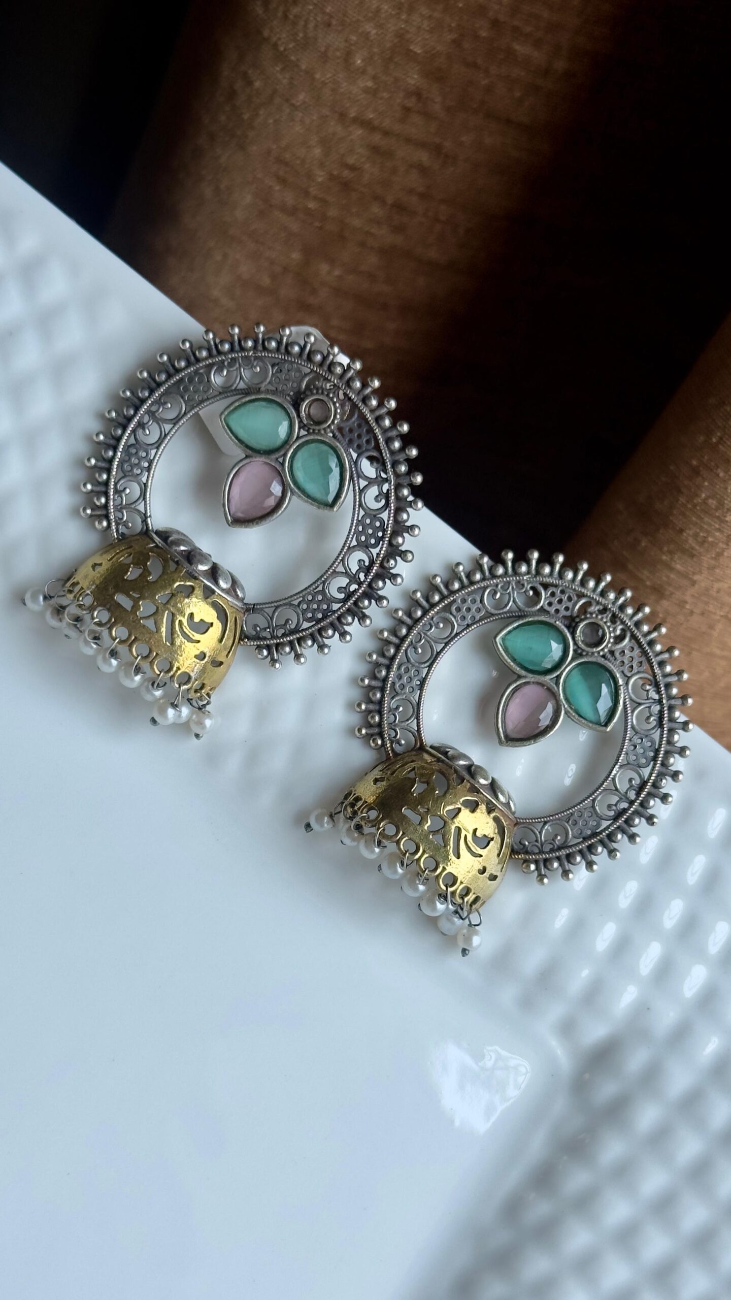Noor Dual Tone oxidised Jhumka studs