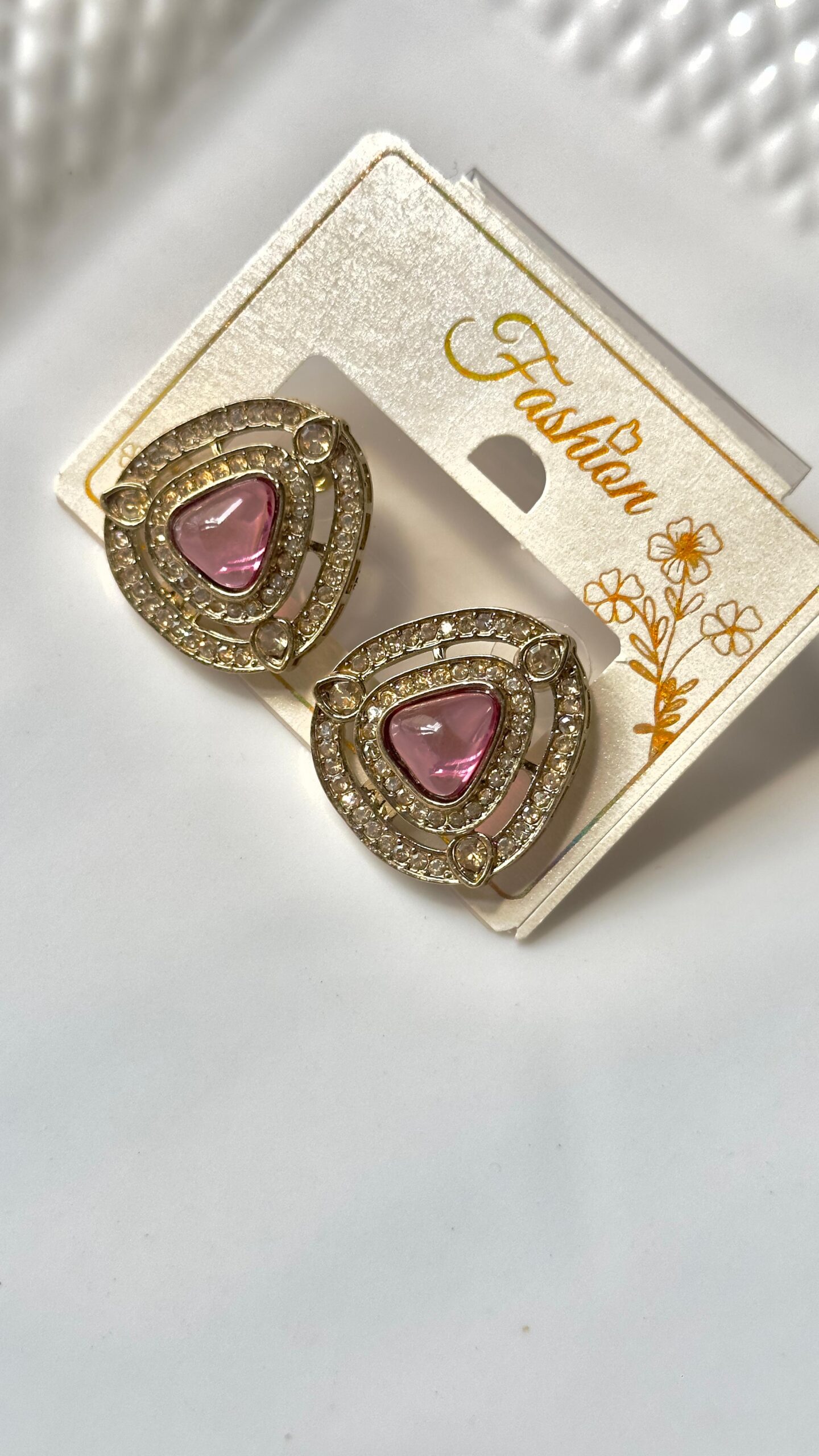 Pink Crystal Triangle Stud Earrings