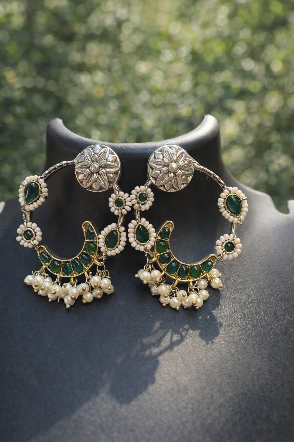Emerald Pearl Floral Chandbali Earrings