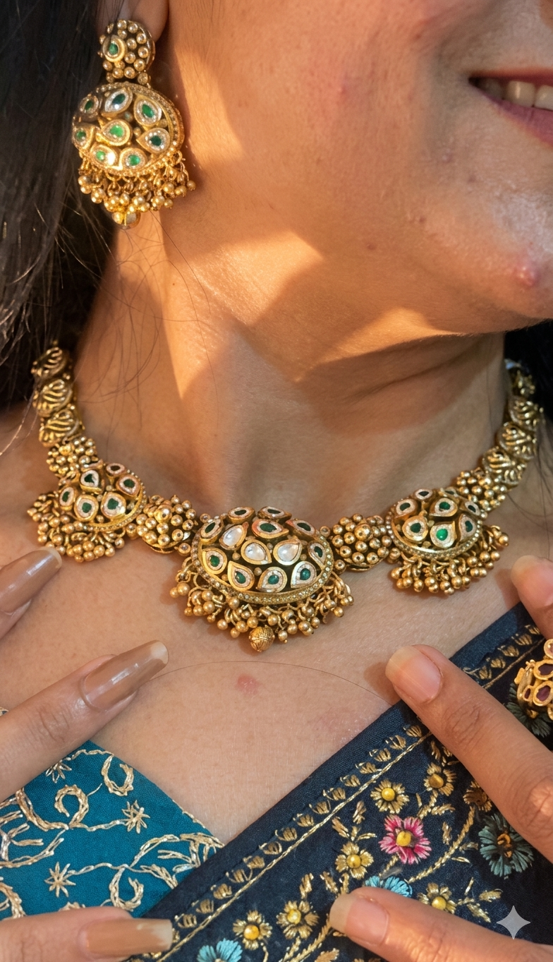 Golden Kundan Polki Necklace Set - Image 2