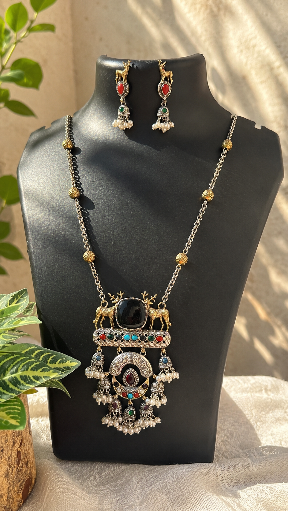 Royal Deer Charm Oxidised Necklace Set