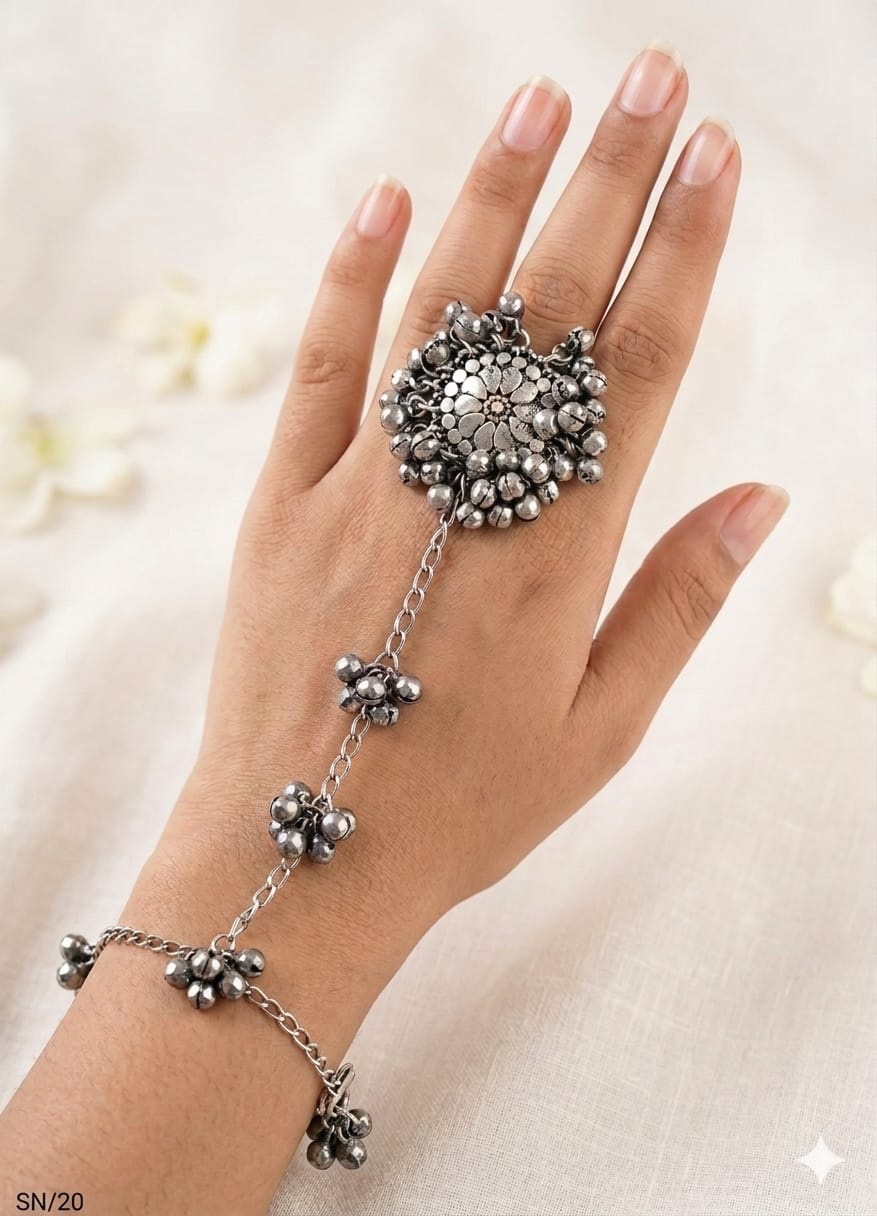 Oxidised Hand Chain Ring
