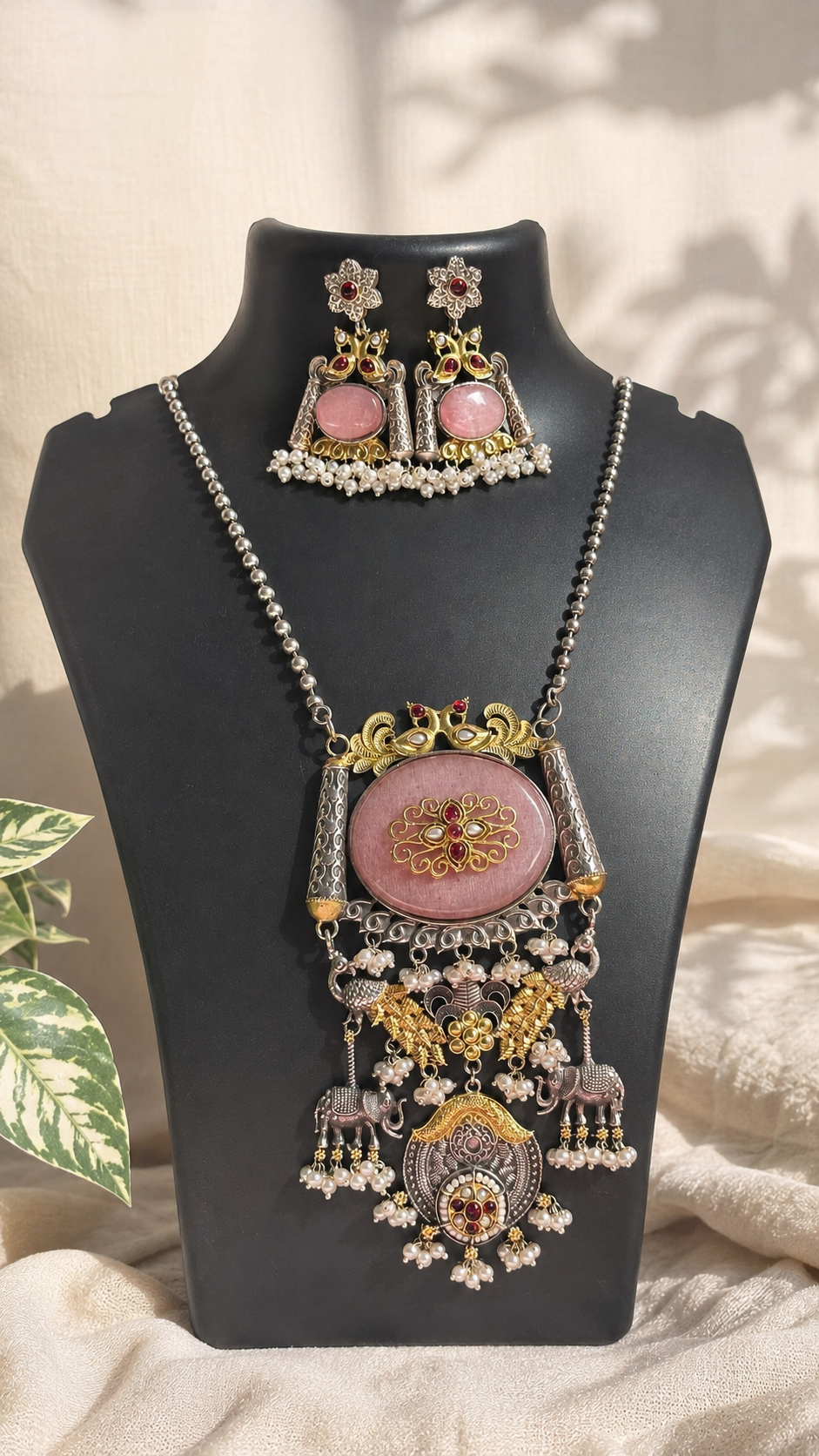 Royal Elephant German Silver Blush Pink Necklace Set