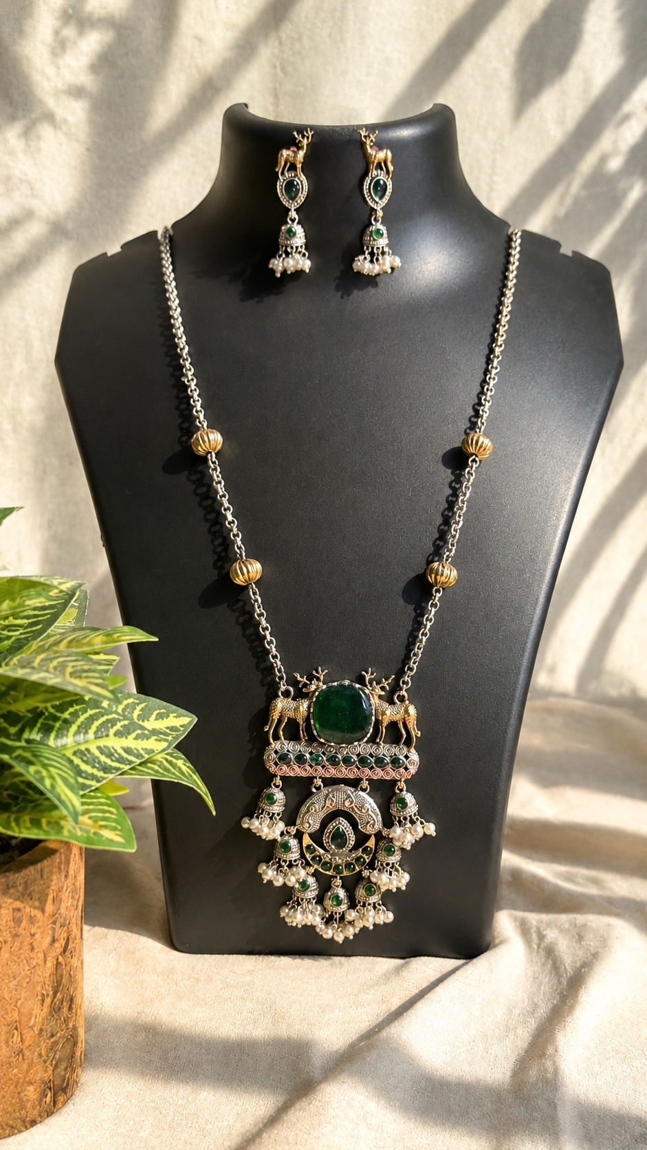 Royal Deer Charm Oxidised Green Necklace Set