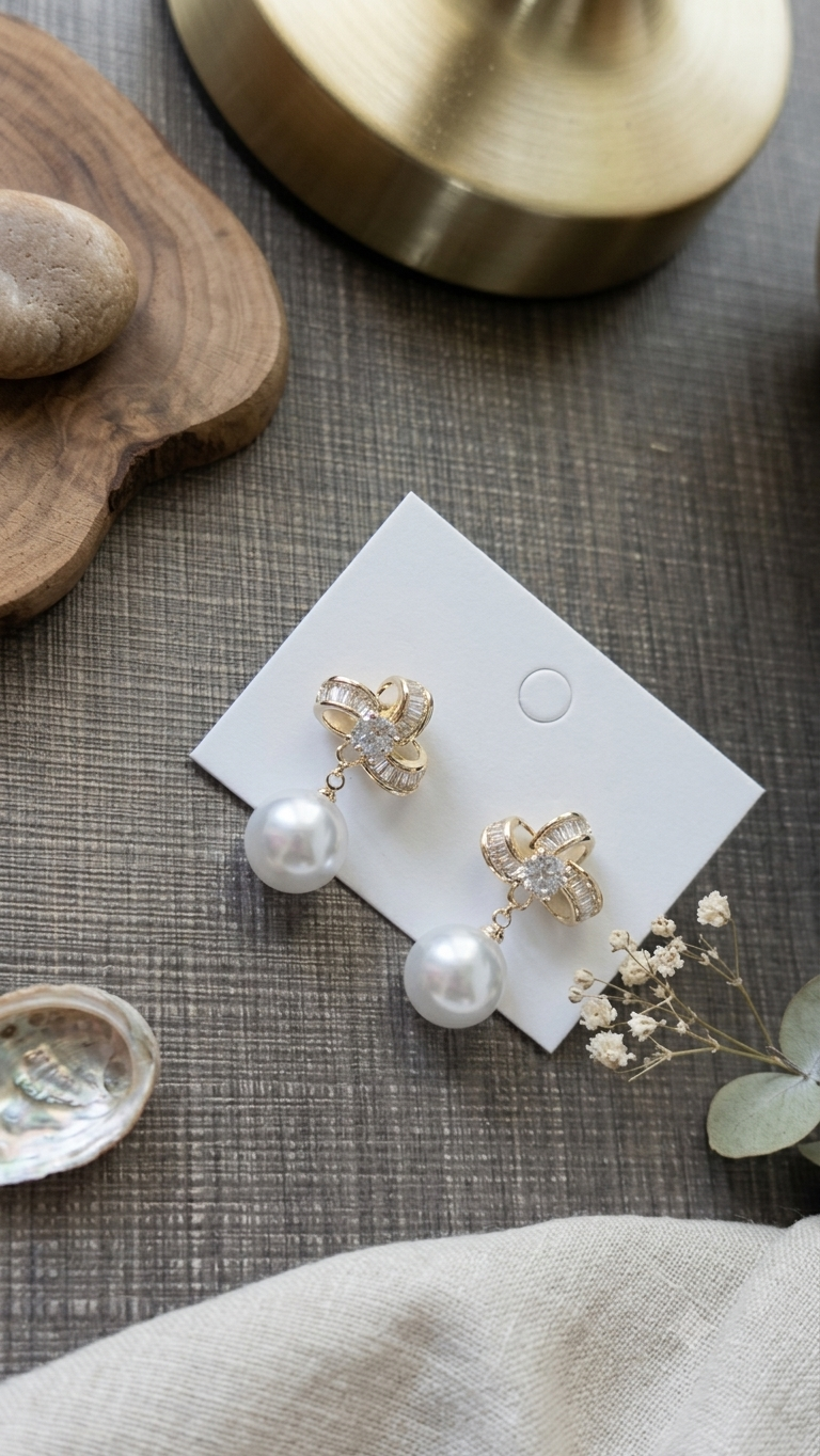 Pearl and Crystal Knot Drop Earrings