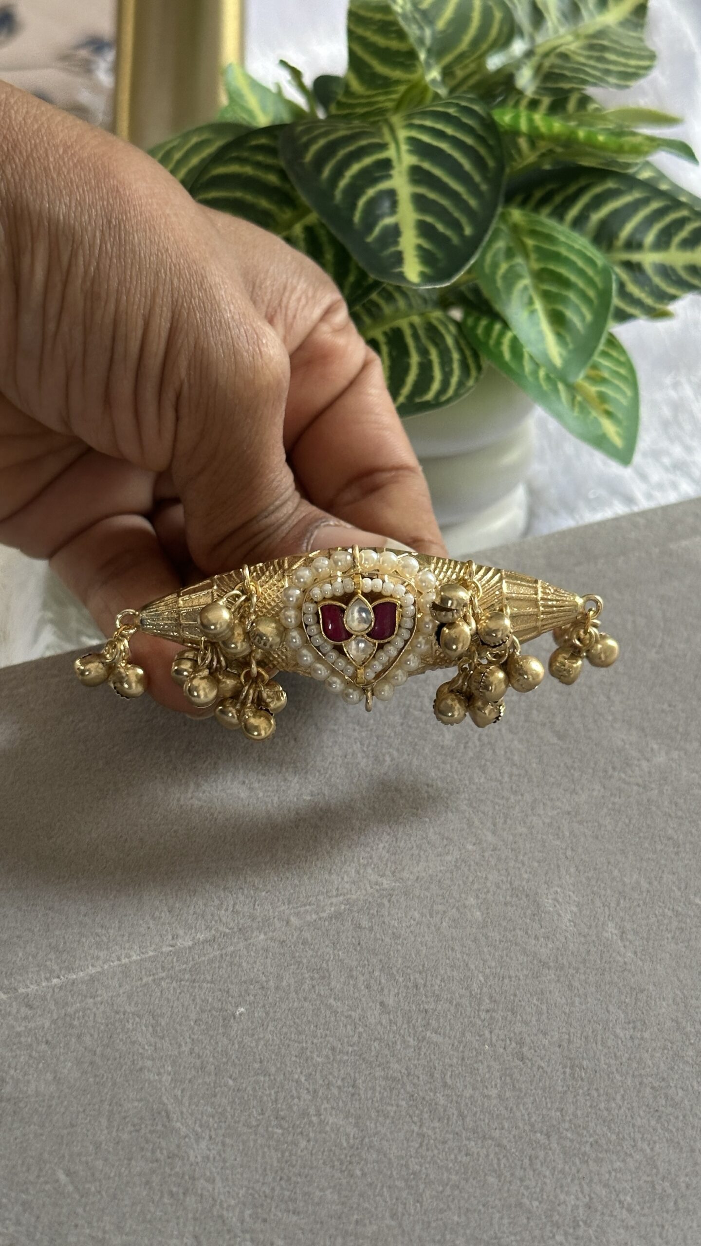 Noor Red Kundan Pearl Statement Ring