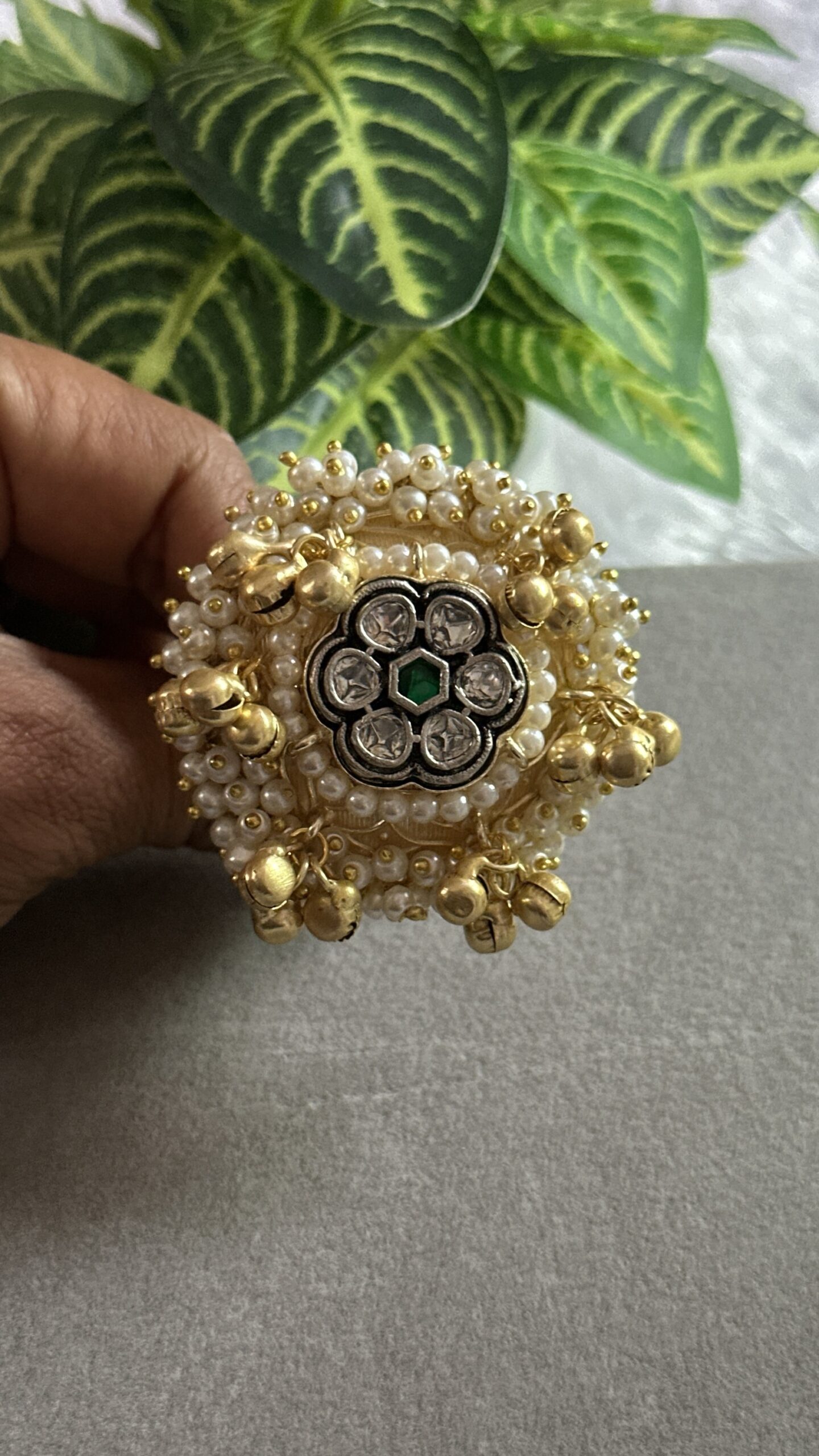 Pearl Blossom Ghungroo Green Ring