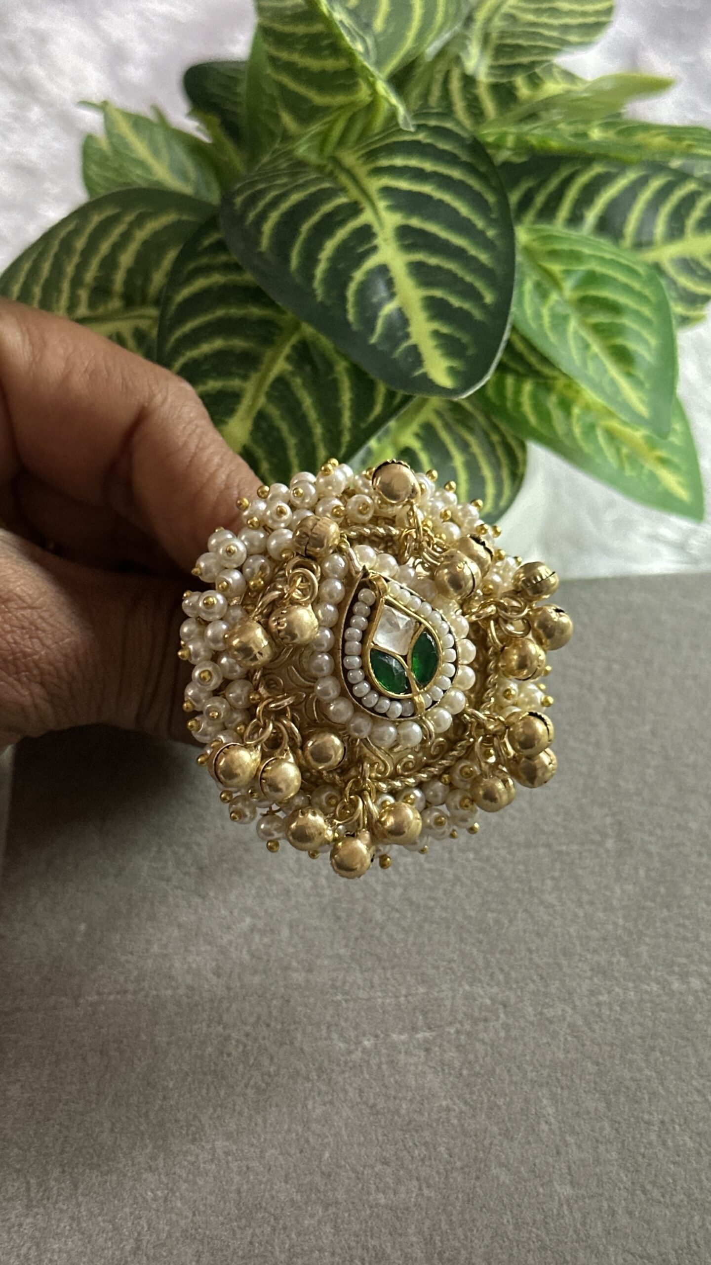 Noor Pearl Kundan Green Ring