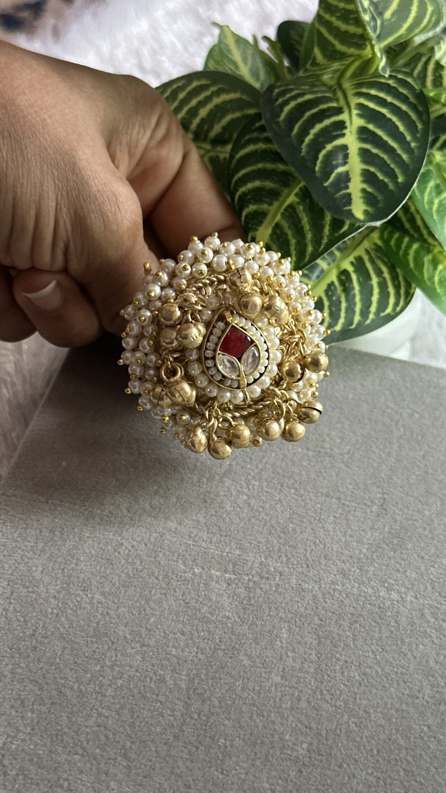 Noor Pearl Kundan Red Ring