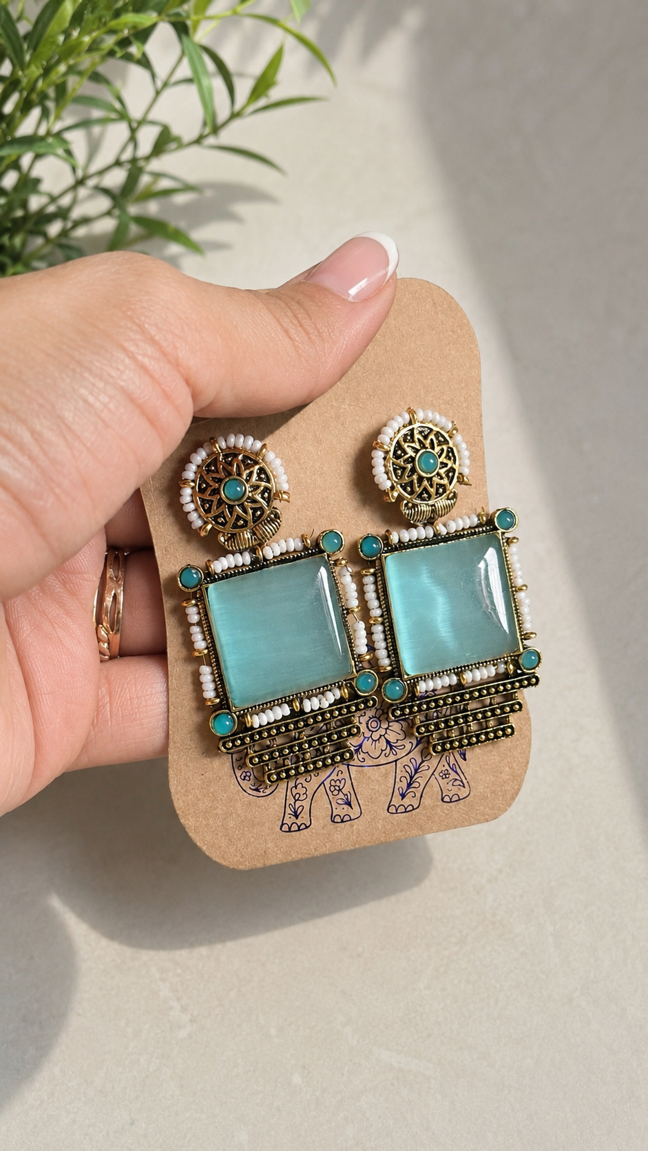 Antique sky blue gold tone earrings