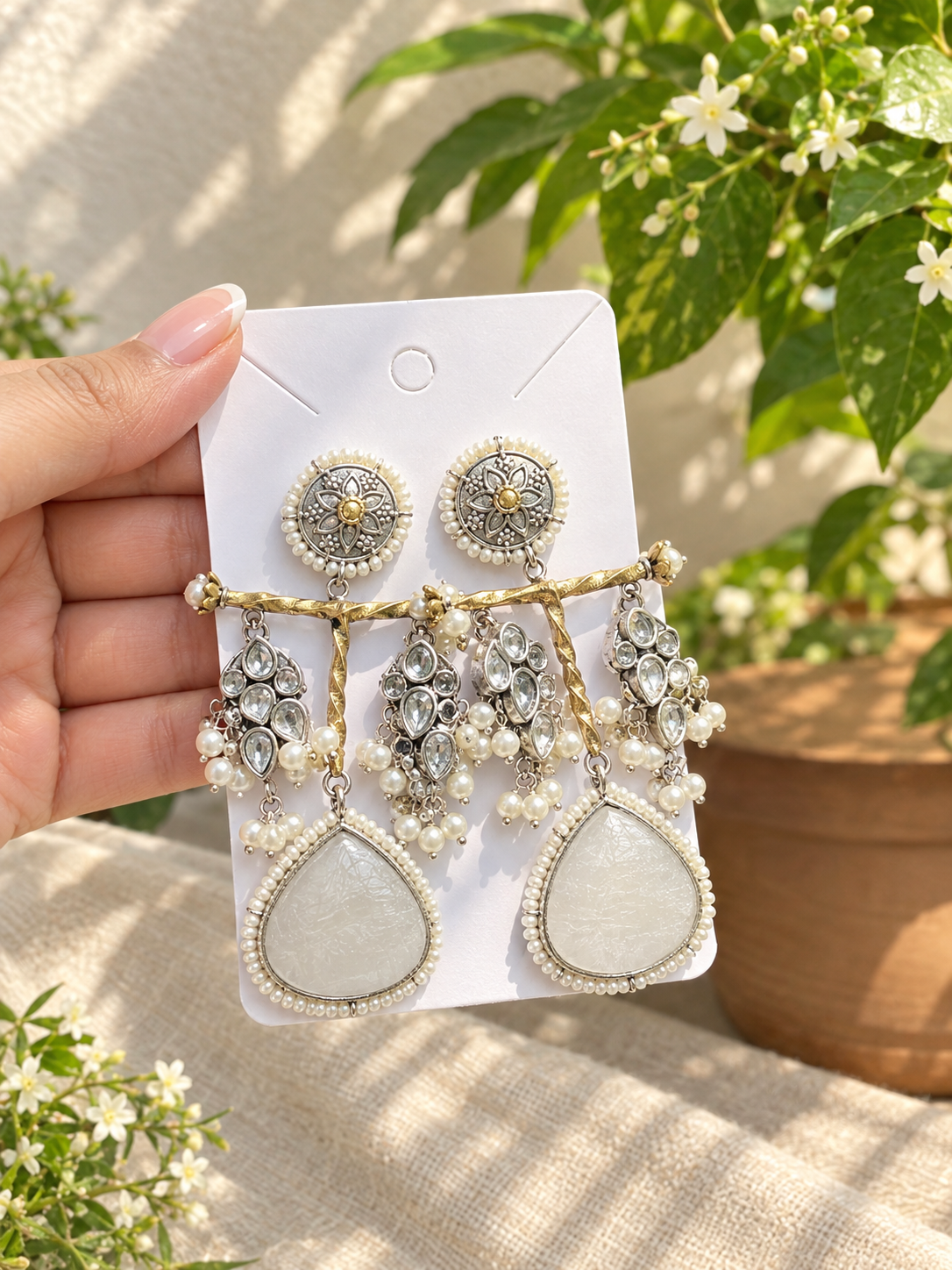 Oxidised White Stone Statement Earrings