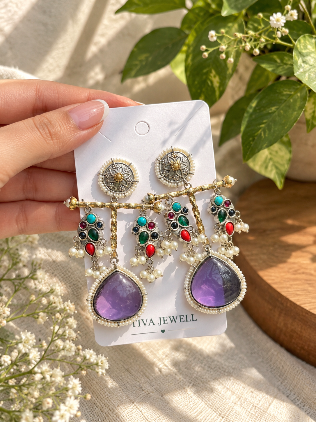 Oxidised Purple Stone Multicolor Statement Earrings