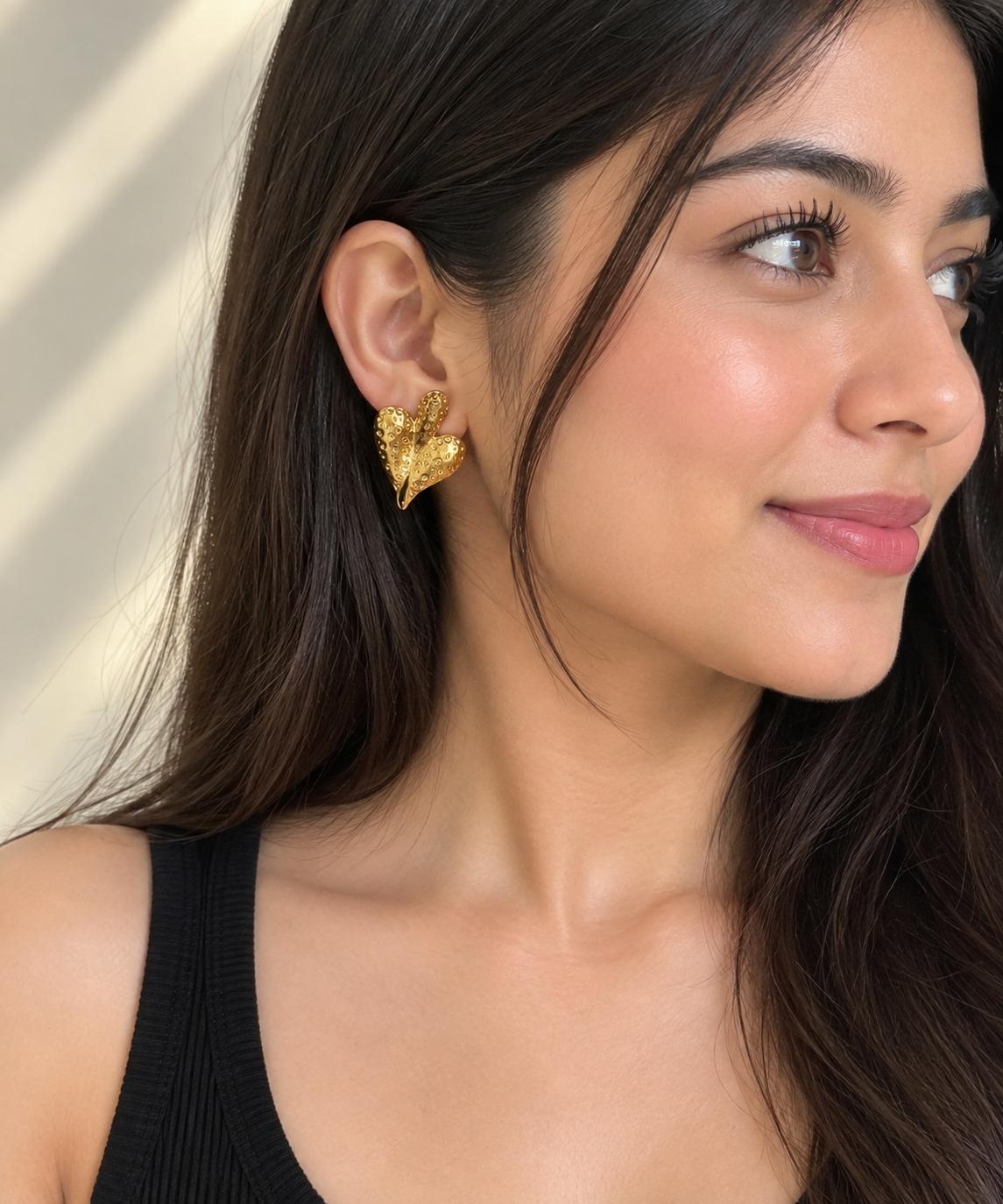 Anti Tarnished Textured Heart Gold Earrings