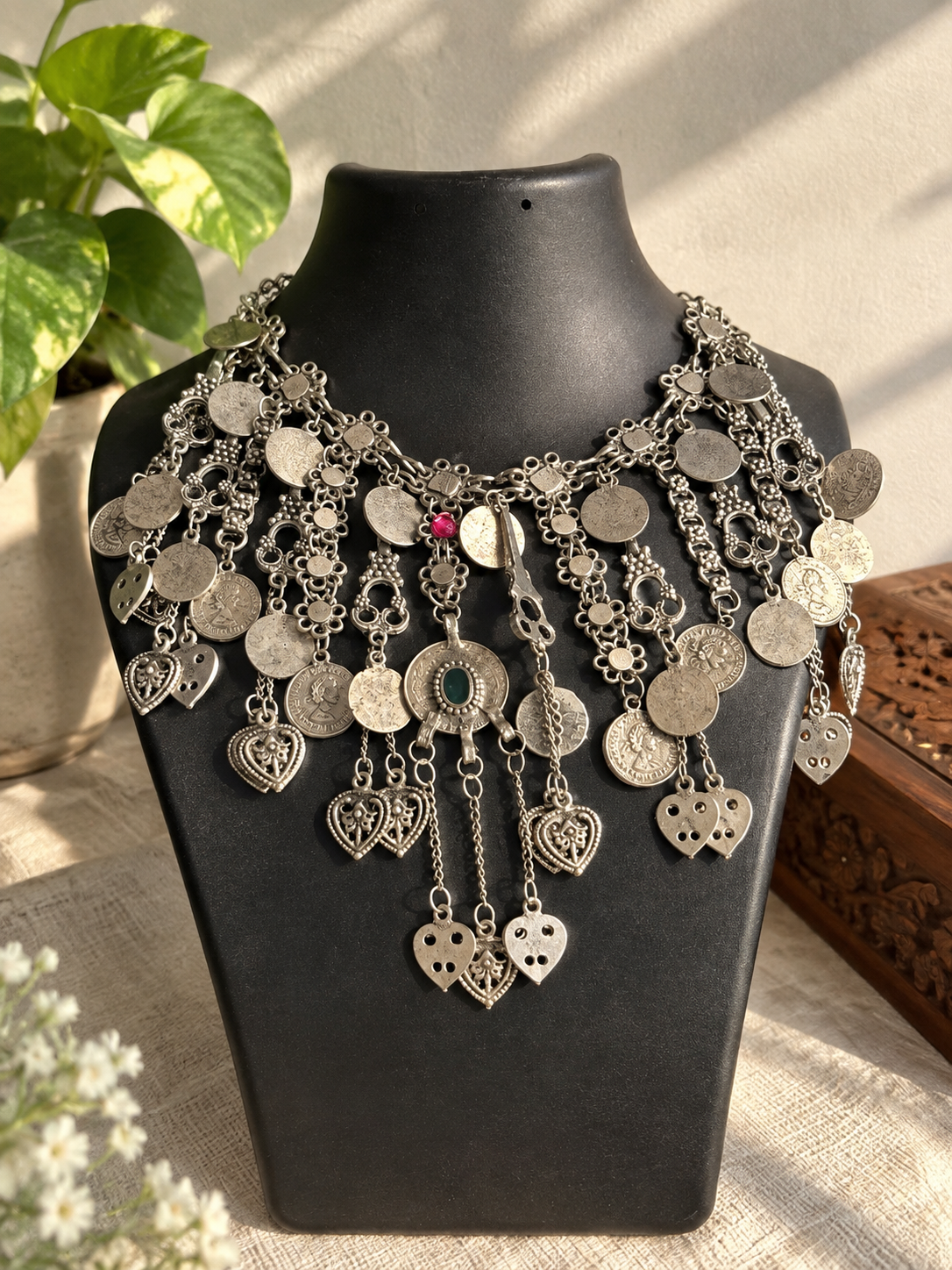 Oxidised Silver Coin & Heart Statement Necklace