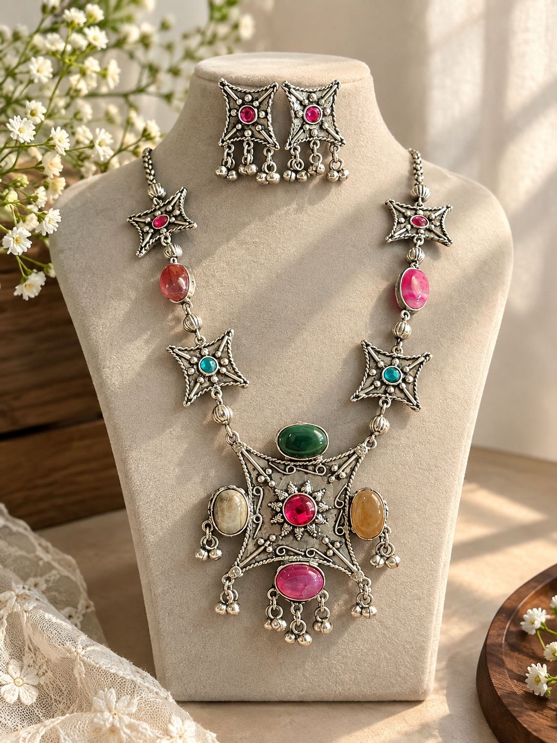 Oxidised Multicoloured Statement Necklace Set