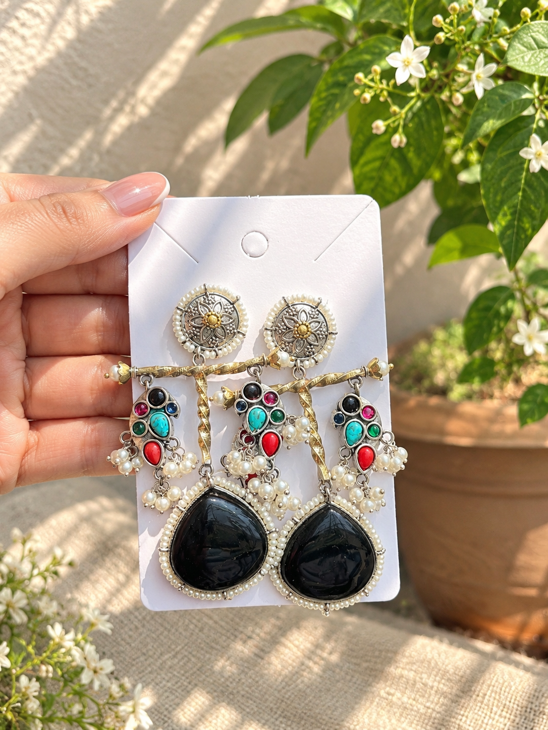 Oxidised Black Stone Multicolor Statement Earrings